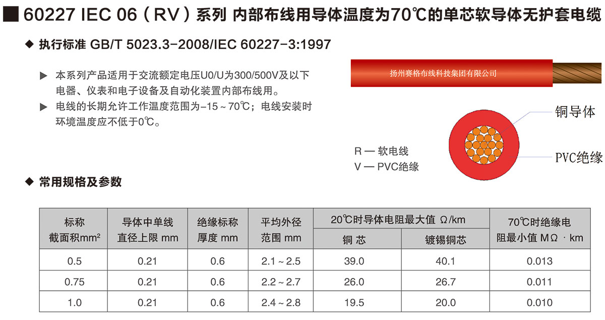 02-60227IEC06(RV)系列內(nèi)部布線用導(dǎo)體溫度為70℃的單芯軟導(dǎo)體無護套電纜-詳情